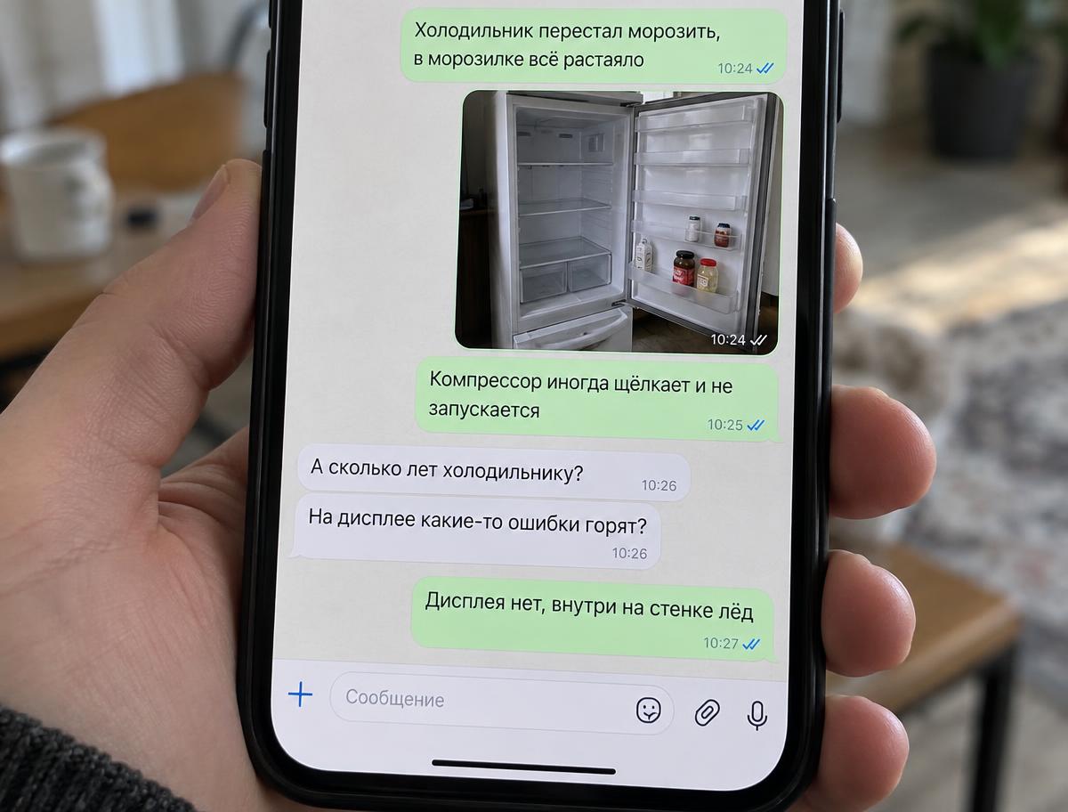 Переписка клиента с мастером о неисправности холодильника: клиент описывает проблему и отправляет фото холодильника